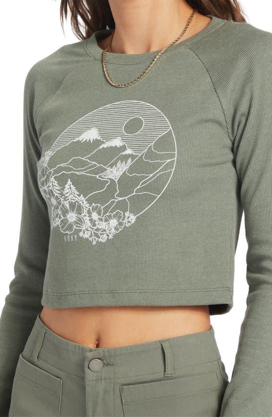 Shop Roxy Mountain View Rib Long Sleeve Graphic Crop T-shirt In Agave Green