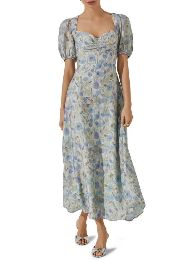 Astr Print Puff Sleeve Maxi Dress In Blue White Floral