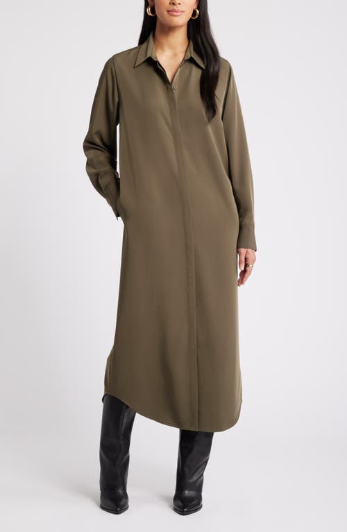 Shop Nordstrom Long Sleeve Satin Midi Shirtdress In Olive Night