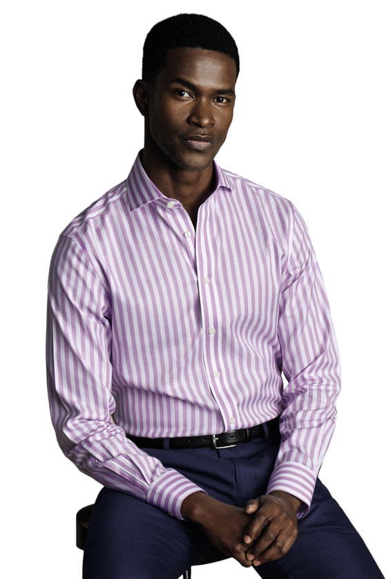 Shop Charles Tyrwhitt Wide Stripe Non-iron Twill Cutaway Slim Fit Shirt Single Cuff In Lilac Purple