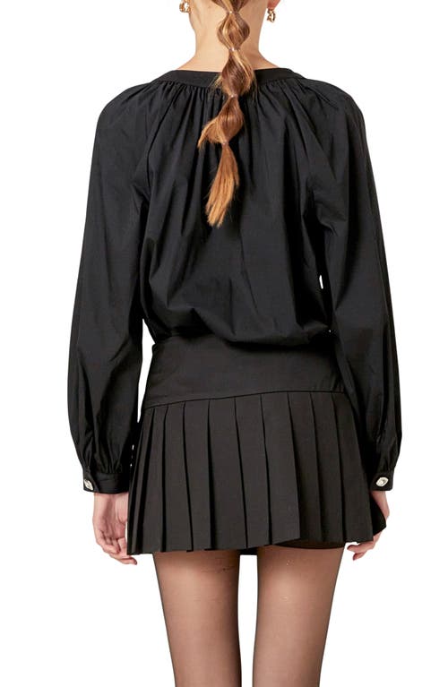 English Factory Rhinestone Button Shirred Cotton Blend Top In Black