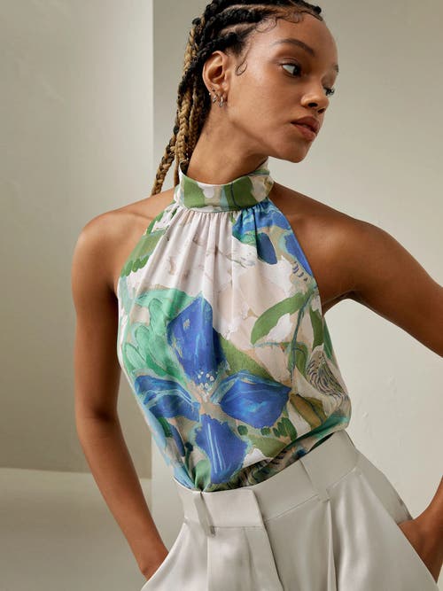 Lilysilk Praslin Mock Neck Silk Top In Oil Painting Floral Pattern