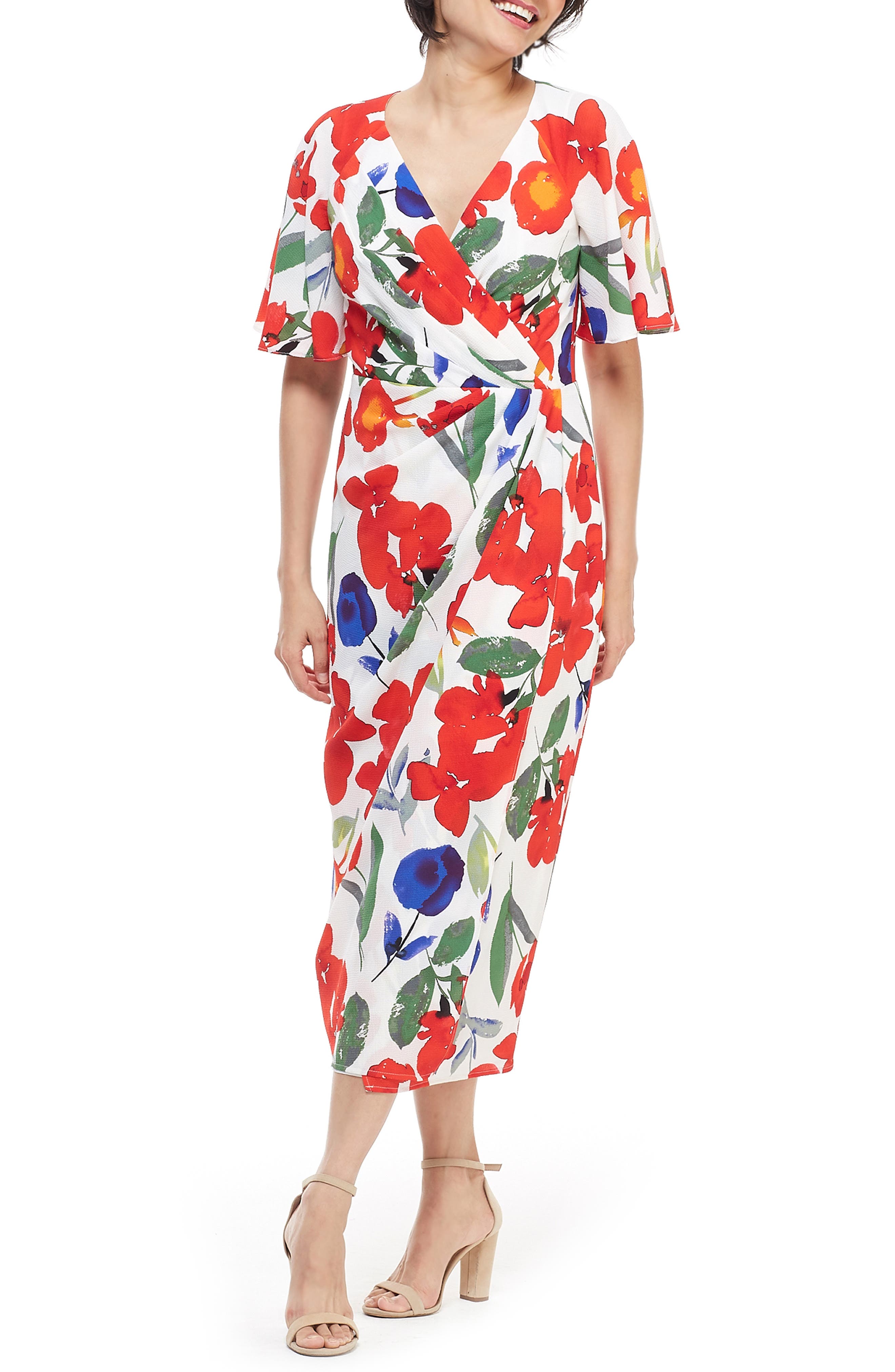 Maggy London Floral Faux Wrap Midi Dress, White