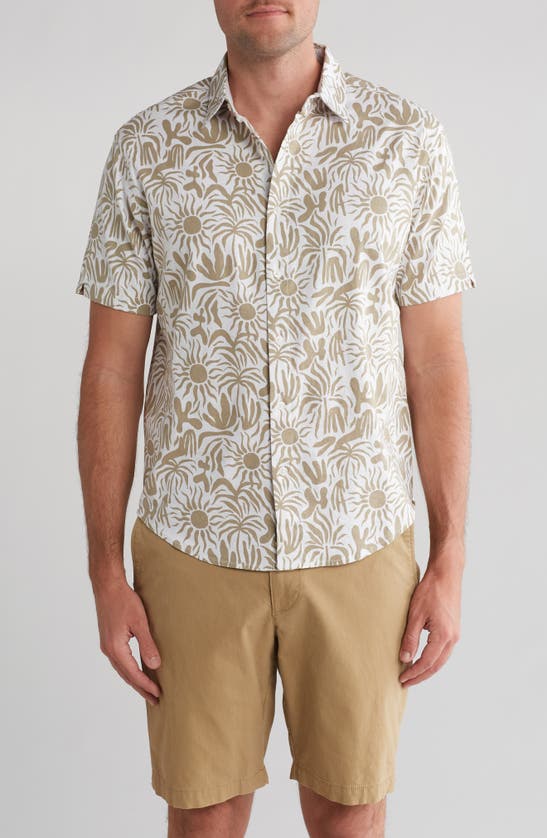 Shop Pto Island Print Short Sleeve Linen Blend Shirt In White