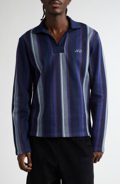 Nicholas Daley Stripe Long Sleeve Johnny Collar Polo in Navy /Chocolate 