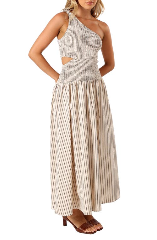 Petal & Pup Jordana Smocked Cutout One-Shoulder Maxi Dress in Brown Stripe 