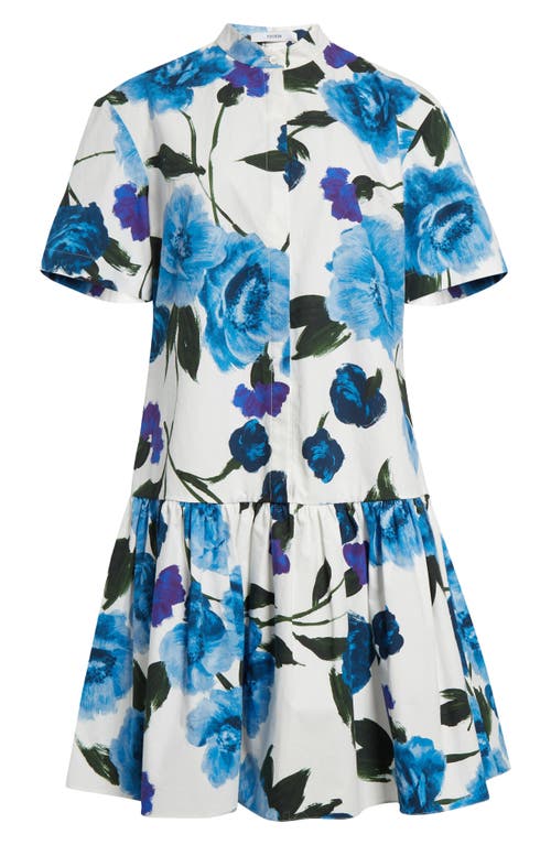 Shop Erdem Brushed Floral Drop Waist Mini Shirtdress In White Blue