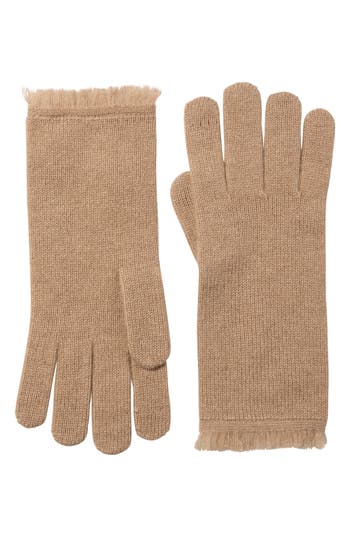 Amicale Fringed Cashmere Knit Gloves In Camel