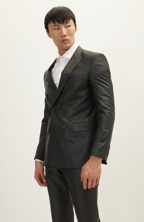 Ron Tomson Pinstripe Merino Wool Double Breasted Tuxedo In Charcoal