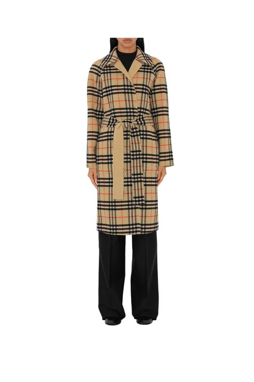 Shop Burberry Long Reversible Check Wool Car Coat In Flax