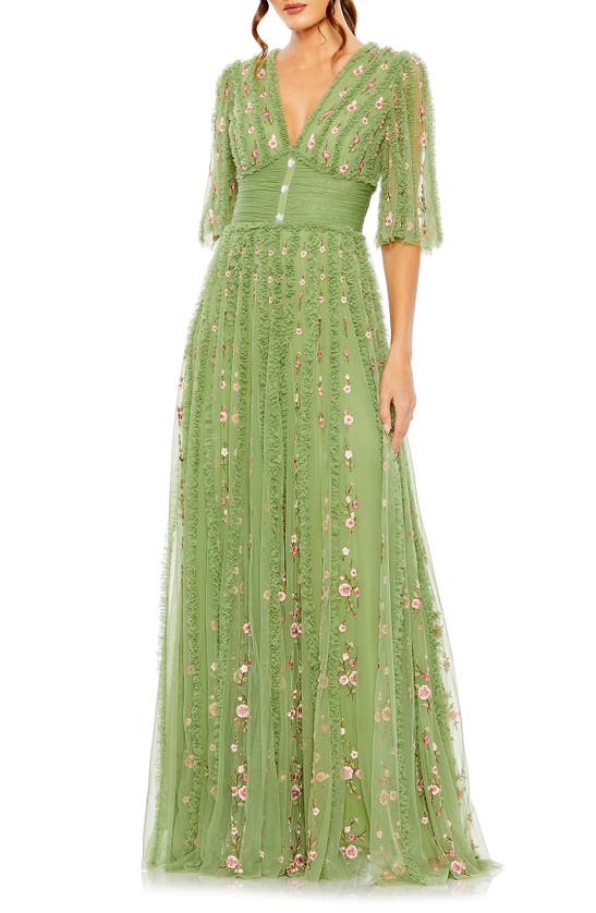 Mac Duggal Floral Ruffle A-line Gown In Green