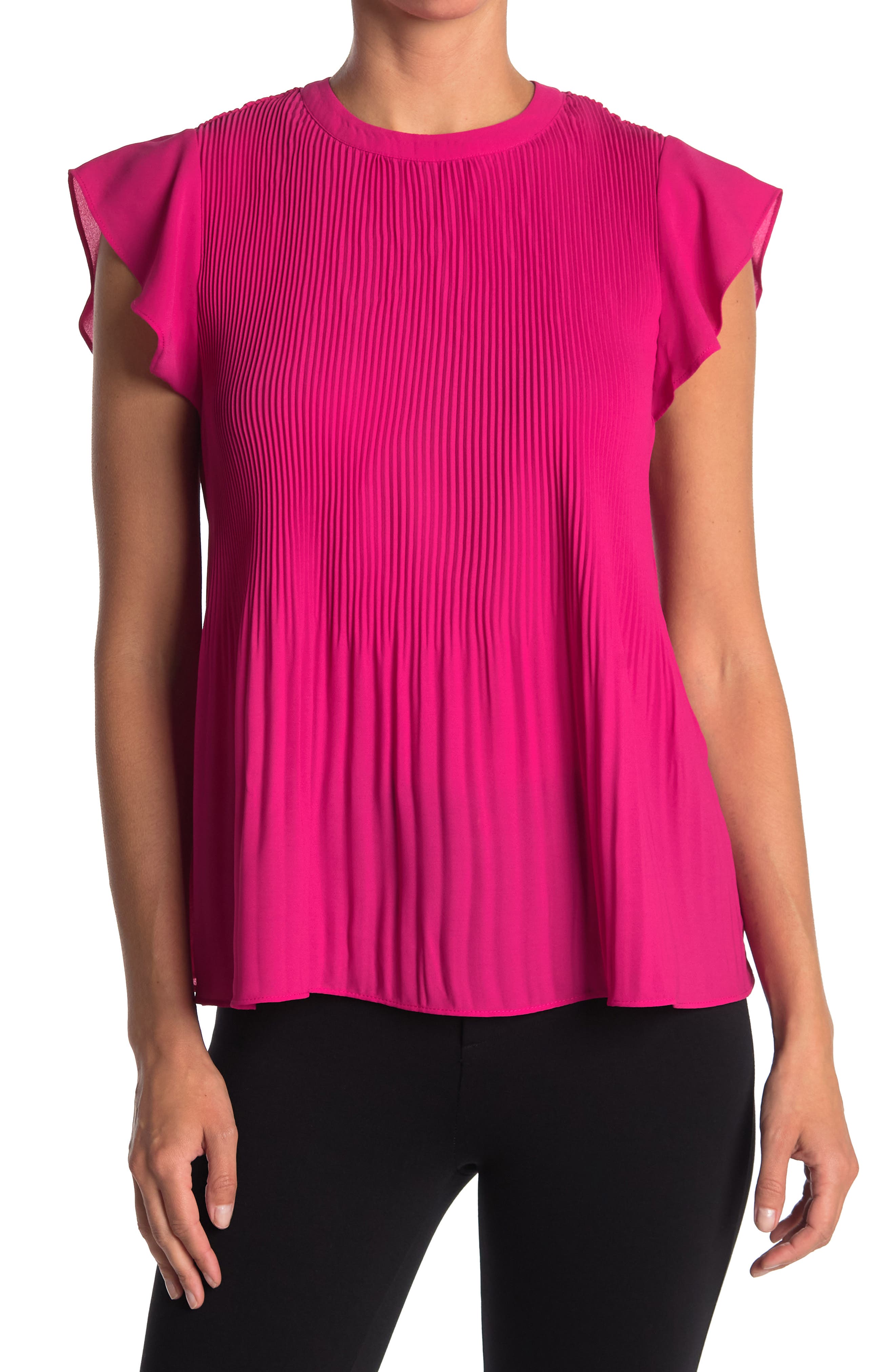 Adrianna Papell Georgette Scoop Neck Solid Pleat Top In Bright Pink2
