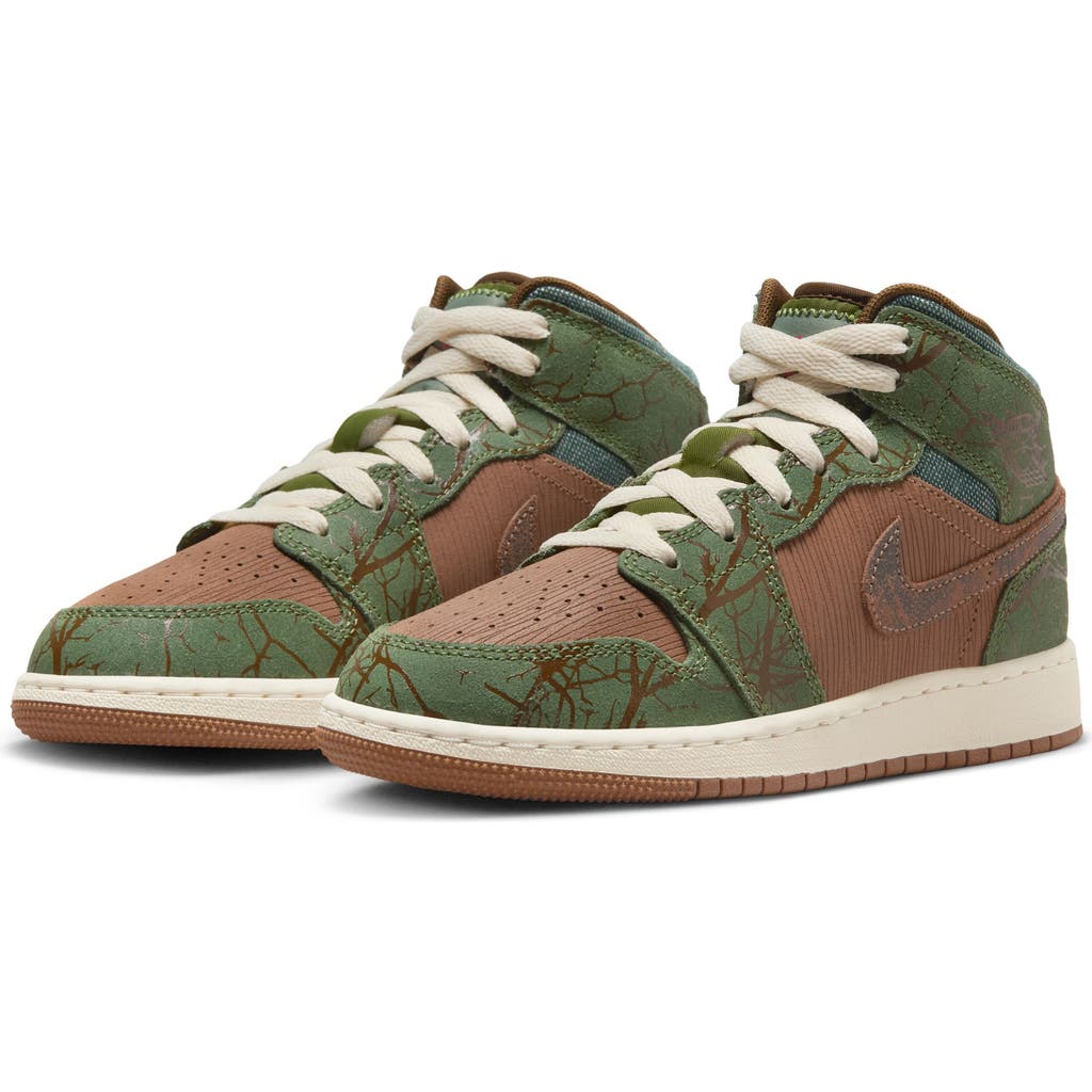 Jordan Kids' 1 Mid Sneaker In Brown/ Light Olive/ Treeline