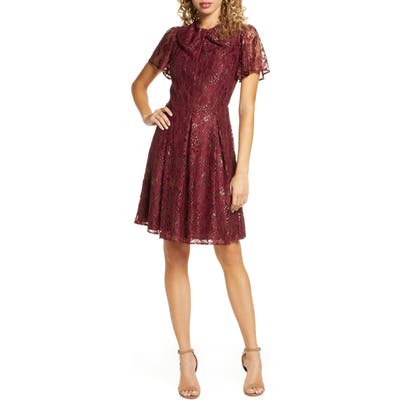 Chelsea28 Metallic Lace Short Sleeve Fit & Flare Dress, Red