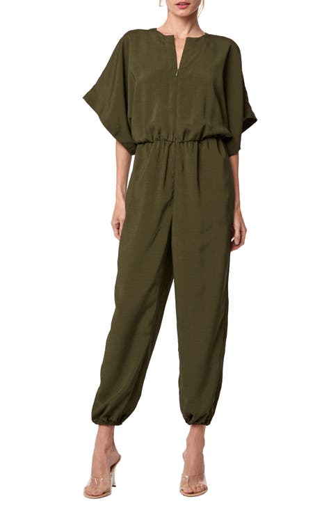 Short Sleeve Utility Jumpsuit - Green - Dress - Maxi - Women's