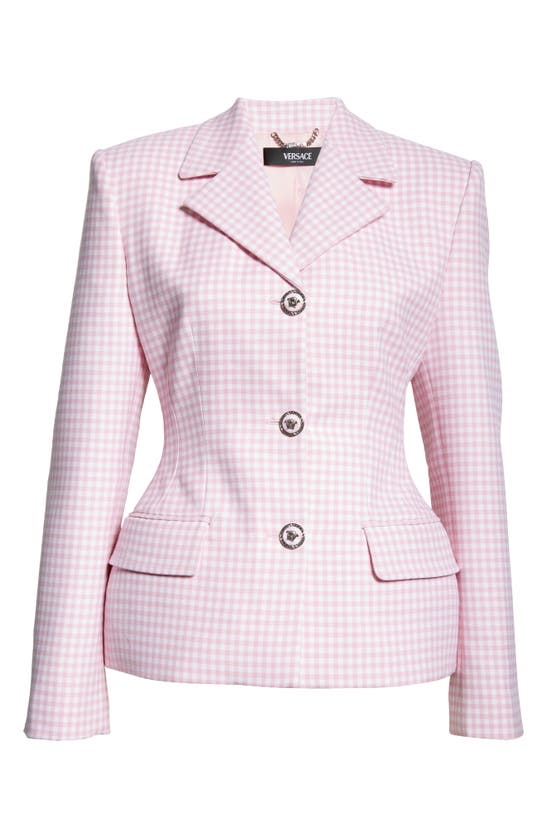 Shop Versace Gingham Virgin Wool Blazer In Pastel Pink White