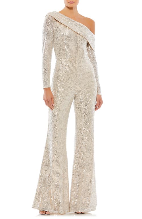 MAC DUGGAL MAC DUGGAL SEQUIN ONE-SHOULDER LONG SLEEVE FLARE JUMPSUIT 