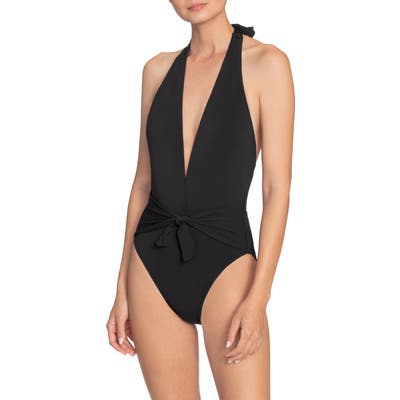 Robin Piccone Ava Plunge Wrap One-Piece Halter Swimsuit, Black