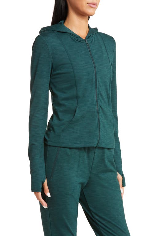 Shop Beyond Yoga Heather Rib Zip-up Hooded Jacket In Midnight Green Heather Rib