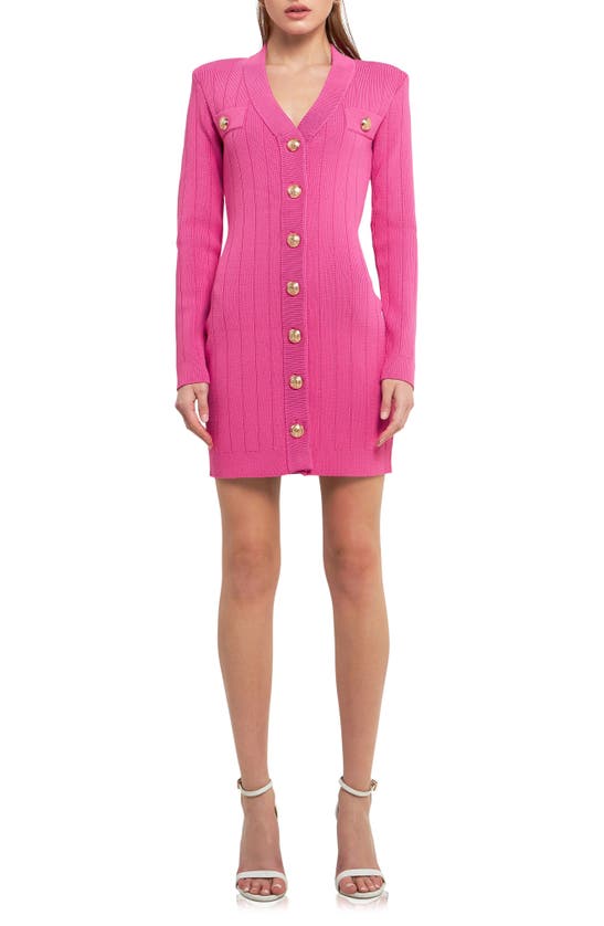 Endless Rose Padded Shoulder Long Sleeve Button-up Sweater Minidress In Pink