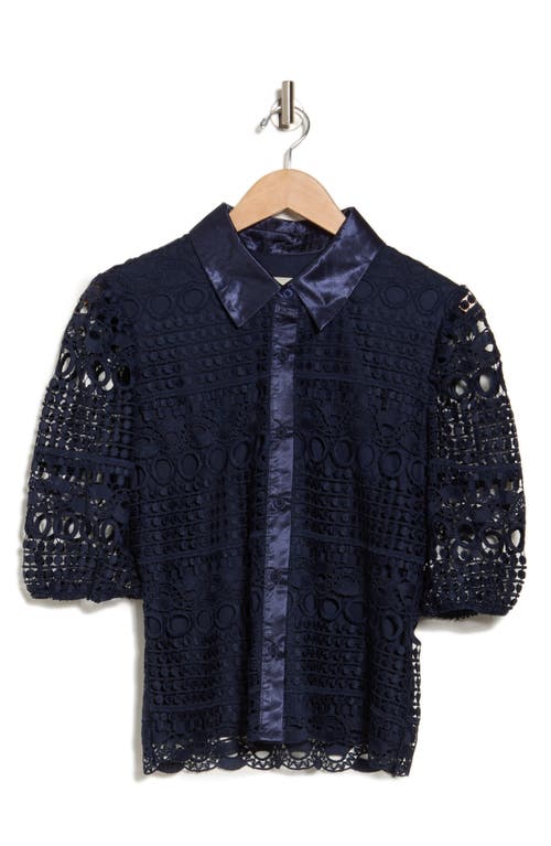 Shop By Design Brianna Lace Puff Sleeve Button-up Top In Navy