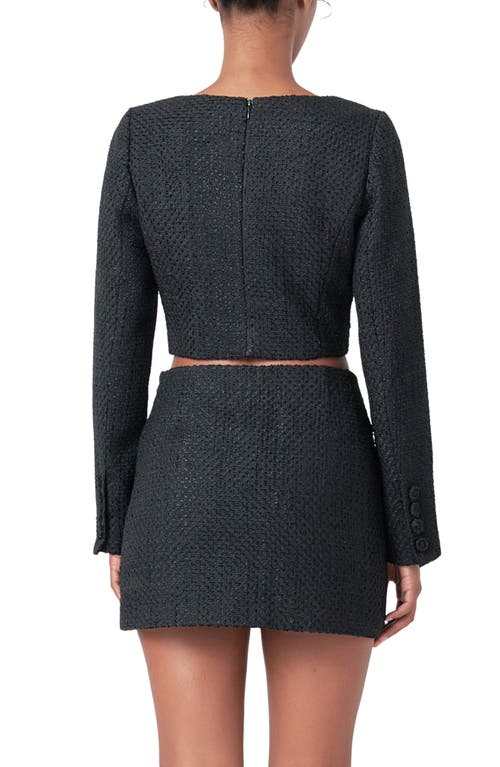 Endless Rose Long Sleeve Tweed Crop Top In Black