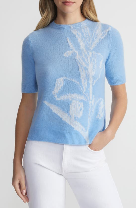 Shop Lafayette 148 Floral Intarsia Cashmere Sweater In Sky Blue Multi
