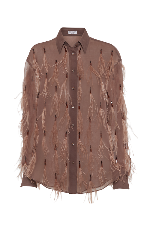 Shop Brunello Cucinelli Crispy Silk Shirt With Dazzling Feather Embroidery In Brown