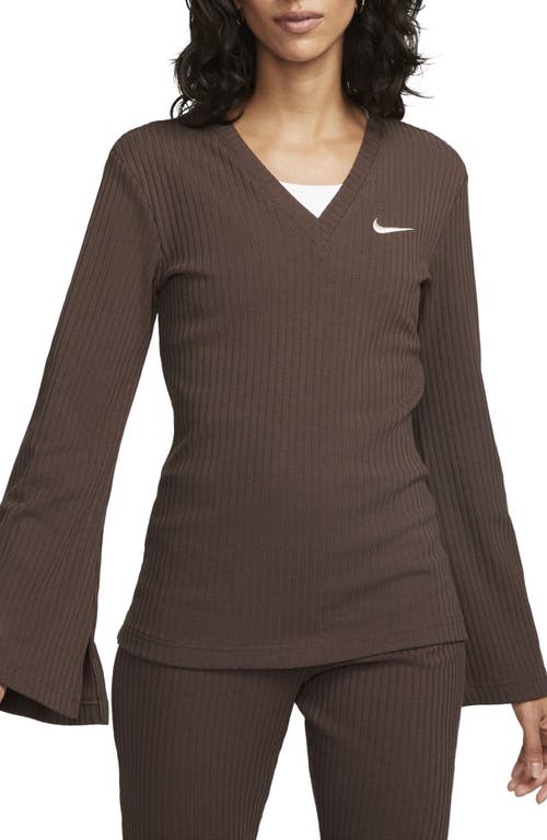 Shop Nike Sportswear Rib Jersey Long Sleeve V-neck Top In Baroque Brown/sail
