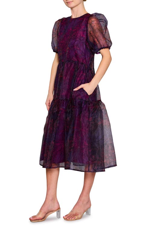 Shop Melloday Print Puff Sleeve Tiered Midi Dress In Magenta Multi