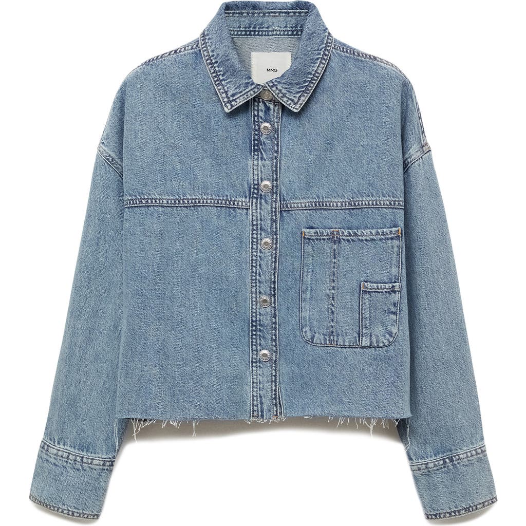 Mango Denim Overshirt With Frayed Hem Medium Blue In Medium Blue
