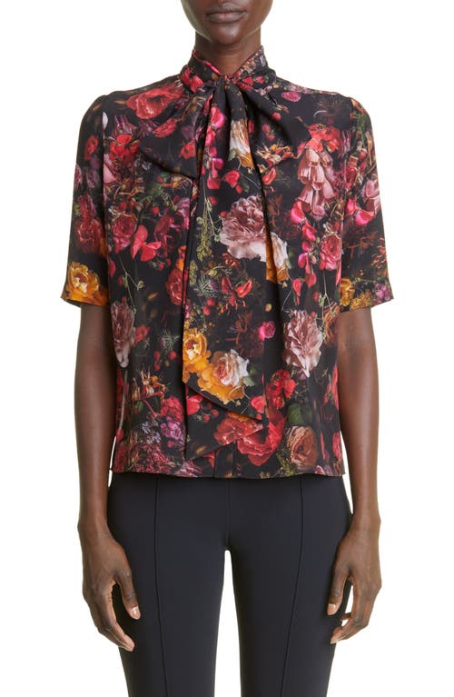 Adam Lippes Floral Print Tie Neck Silk Blouse in Floral Multi
