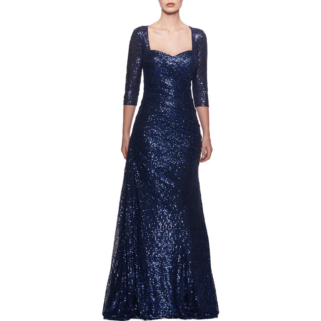 La Femme Floor Length Sequin Gown With Ruching And Sleeves In Navy