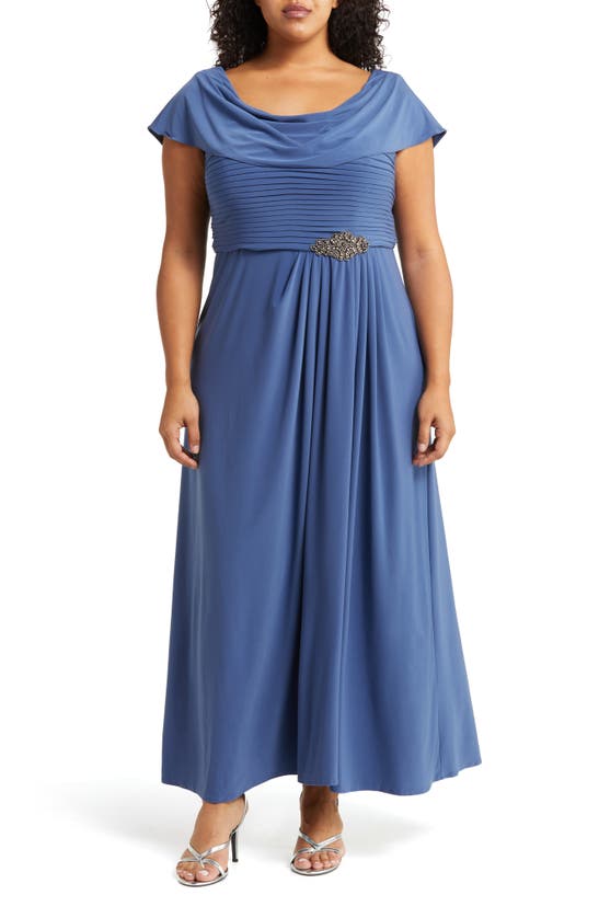 Alex Evenings Cowl Neck Beaded Waist Gown In Wedgewood