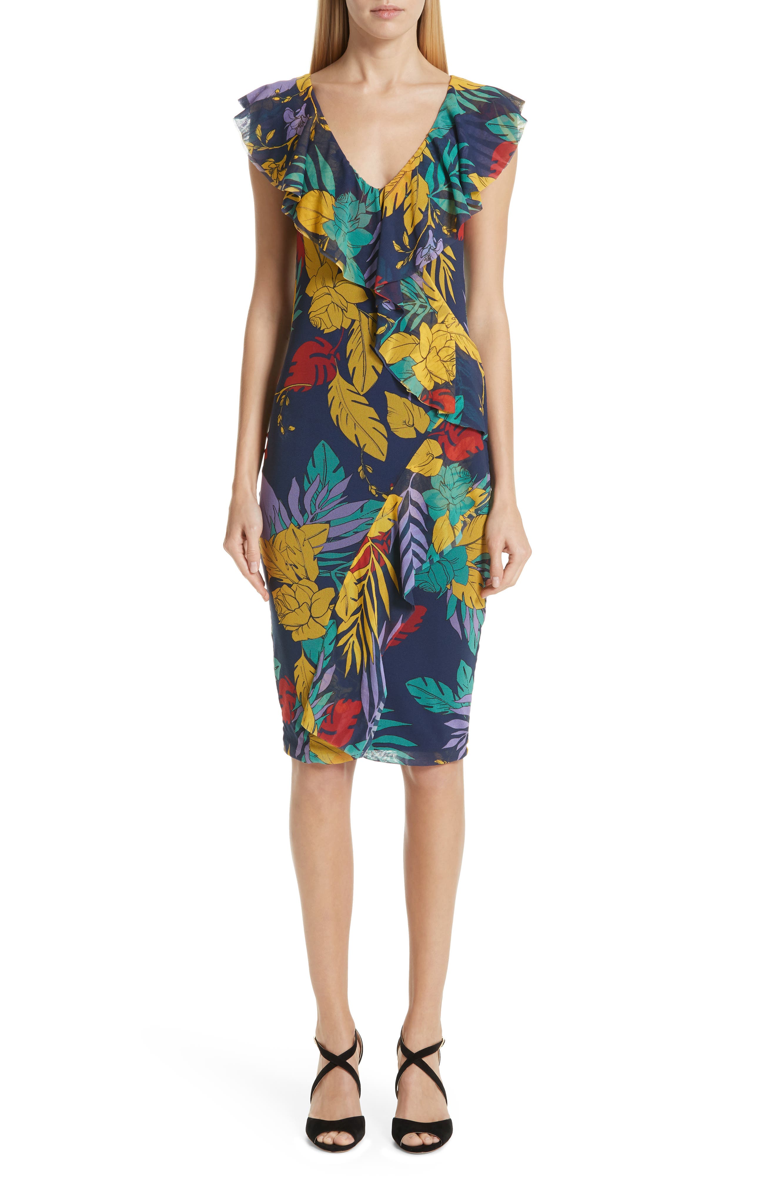 Fuzzi Floral Tulle Ruffle Dress, Blue