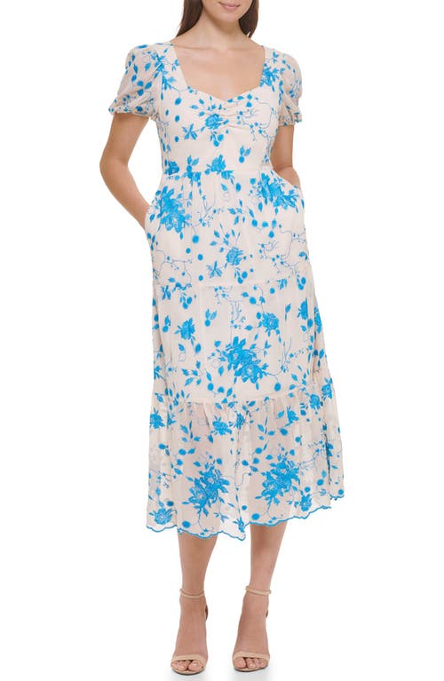 Shop Kensie Floral Embroidered Puff Sleeve Chiffon Midi Dress In Ivory/blue