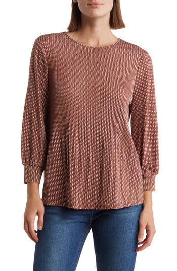 Adrianna Papell Three-quarter Sleeve Pleated Moss Crepe Top In Brown