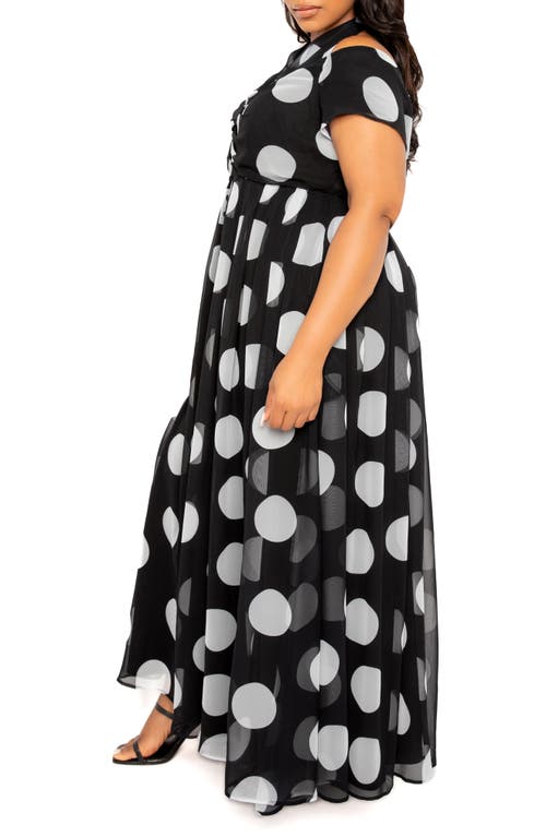 Shop Buxom Couture Polka Dot Off The Shoulder Halter Maxi Dress In Black White