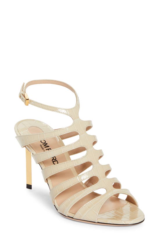 Shop Tom Ford Croc Embossed Cage Sandal In Ivory