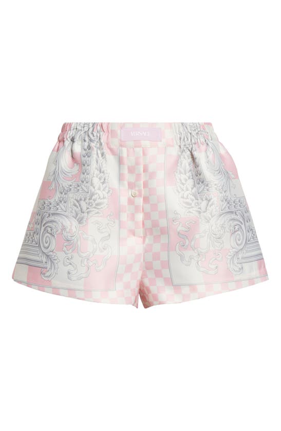 Shop Versace Border Print Check Satin Shorts In Pastel Pink White Silver