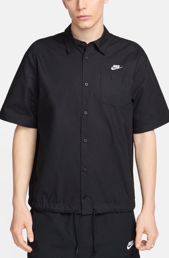 Nike Club Venice Short Sleeve Drawstring Hem Cotton Button-up Shirt In Black/ White