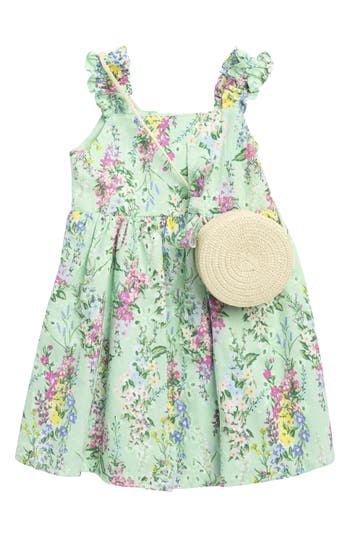 Btween Kids' Ruffle Floral Dress & Crossbody Bag Set In Green