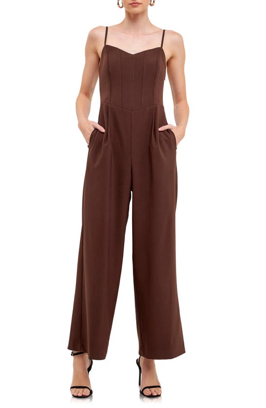 Shop Endless Rose Bustier Wide Leg Jumpsuit In Chocolate