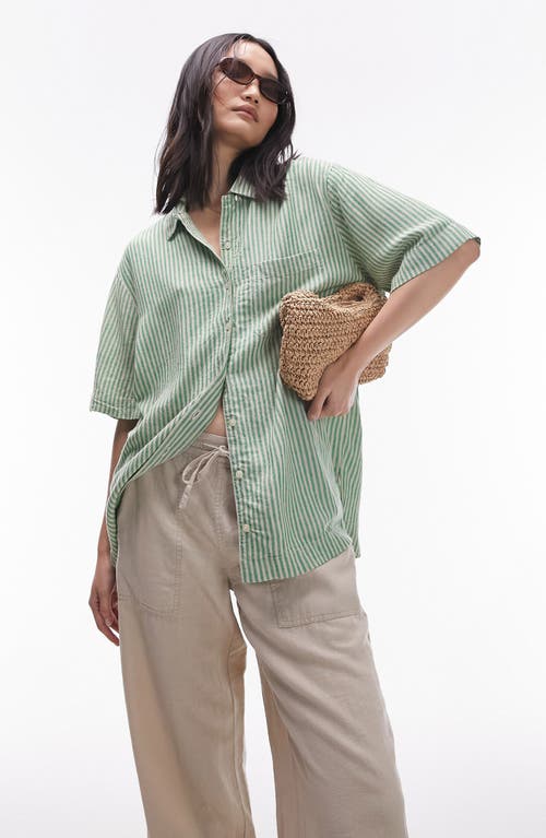 Topshop Stripe Oversize Short Sleeve Button-Up Shirt Green at Nordstrom,