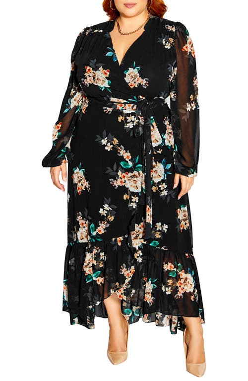 City Chic Vanessa Floral Side Tie Long Sleeve Maxi Dress in Black Camilla Petals at Nordstrom, Size X-Large