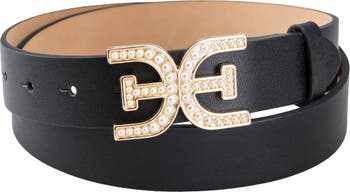 Sam Edelman Imitation Pearl Logo Plaque Belt in Black