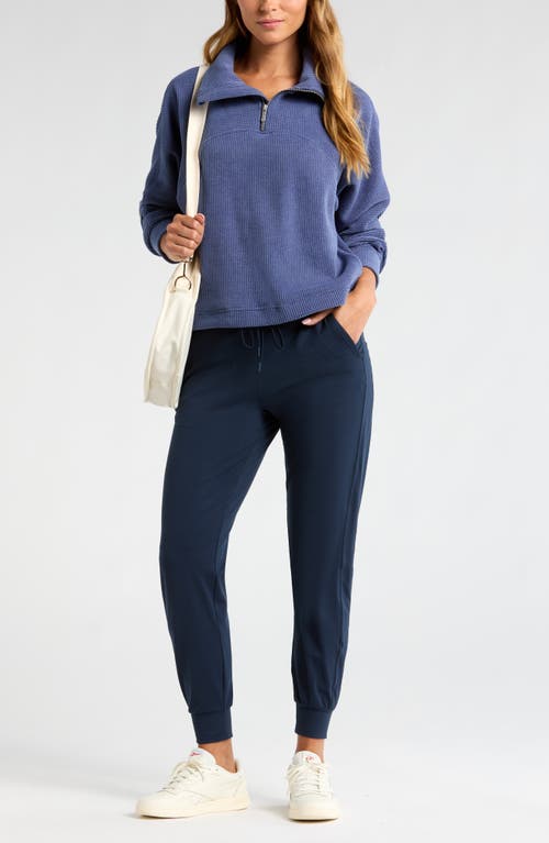 Shop Zella Half Zip Waffle Stitch Sweatshirt In Blue Indigo Marl