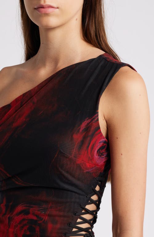 Mistress Rocks Rose One-shoulder Lace-up Mesh Top In Black Rose Print