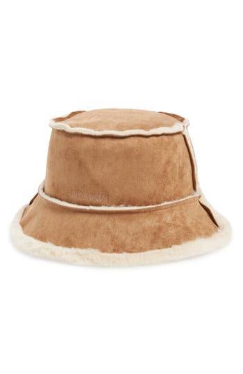 Steve Madden Mai Faux Fur Trim Bucket Hat In Tan