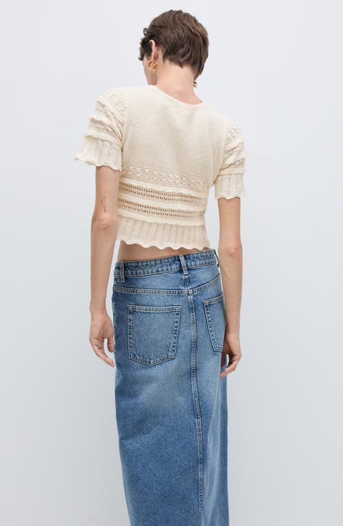 Mango Open Stitch Accent Short Sleeve Crop Sweater In Ecru